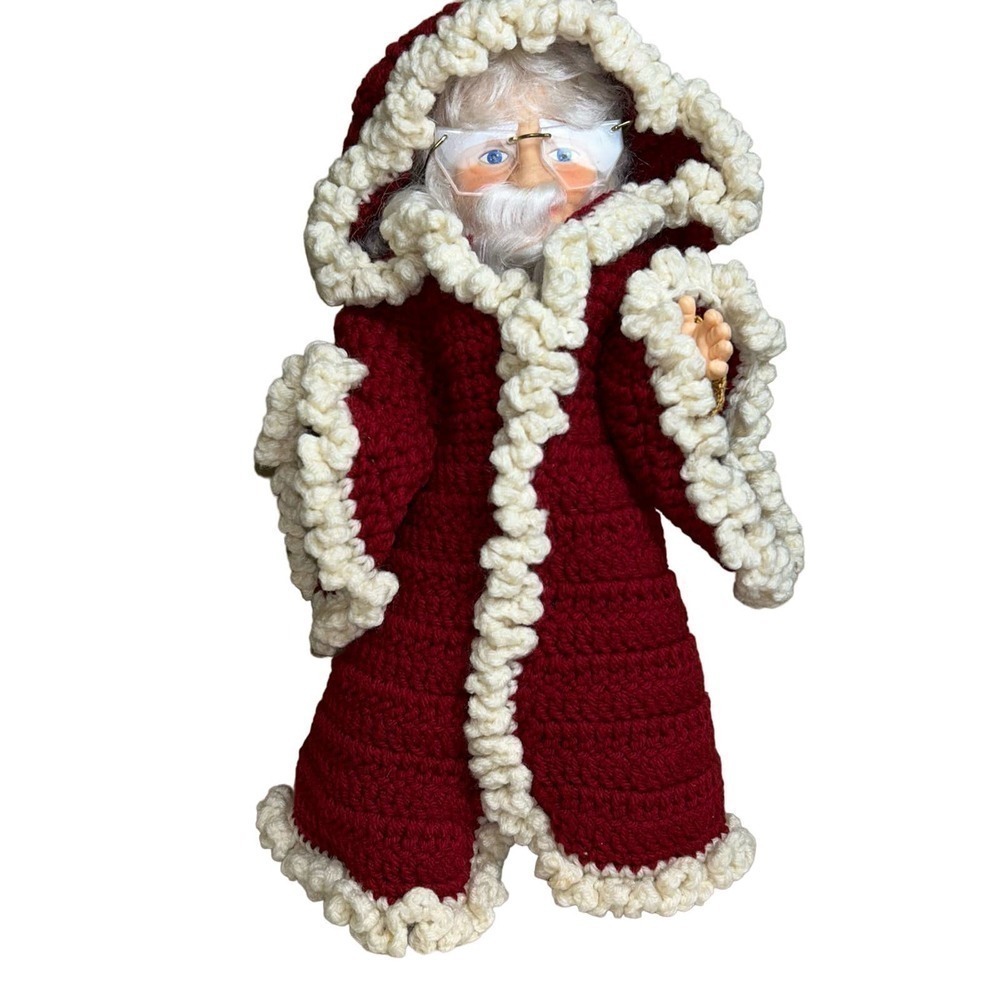 Old World Santa St Nick Standing Doll Figurine Crochet Hooded Robe Vintage NEW